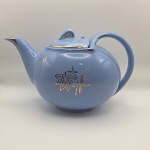 Vintage Hall China Airflow Teapot Blue 6 Cup Gold Floral Filigree 0749 USA